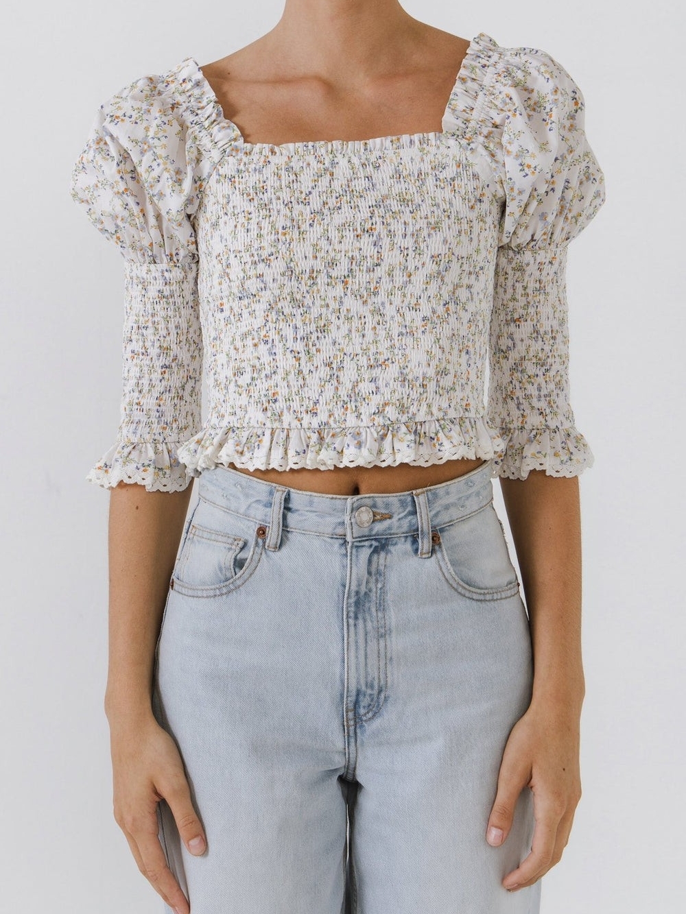 Endless Rose White Floral Smocked Square-Neck Crop Top